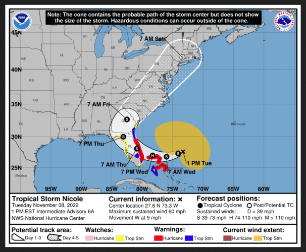 Nicole strengthens to tropical storm en route to Bahamas